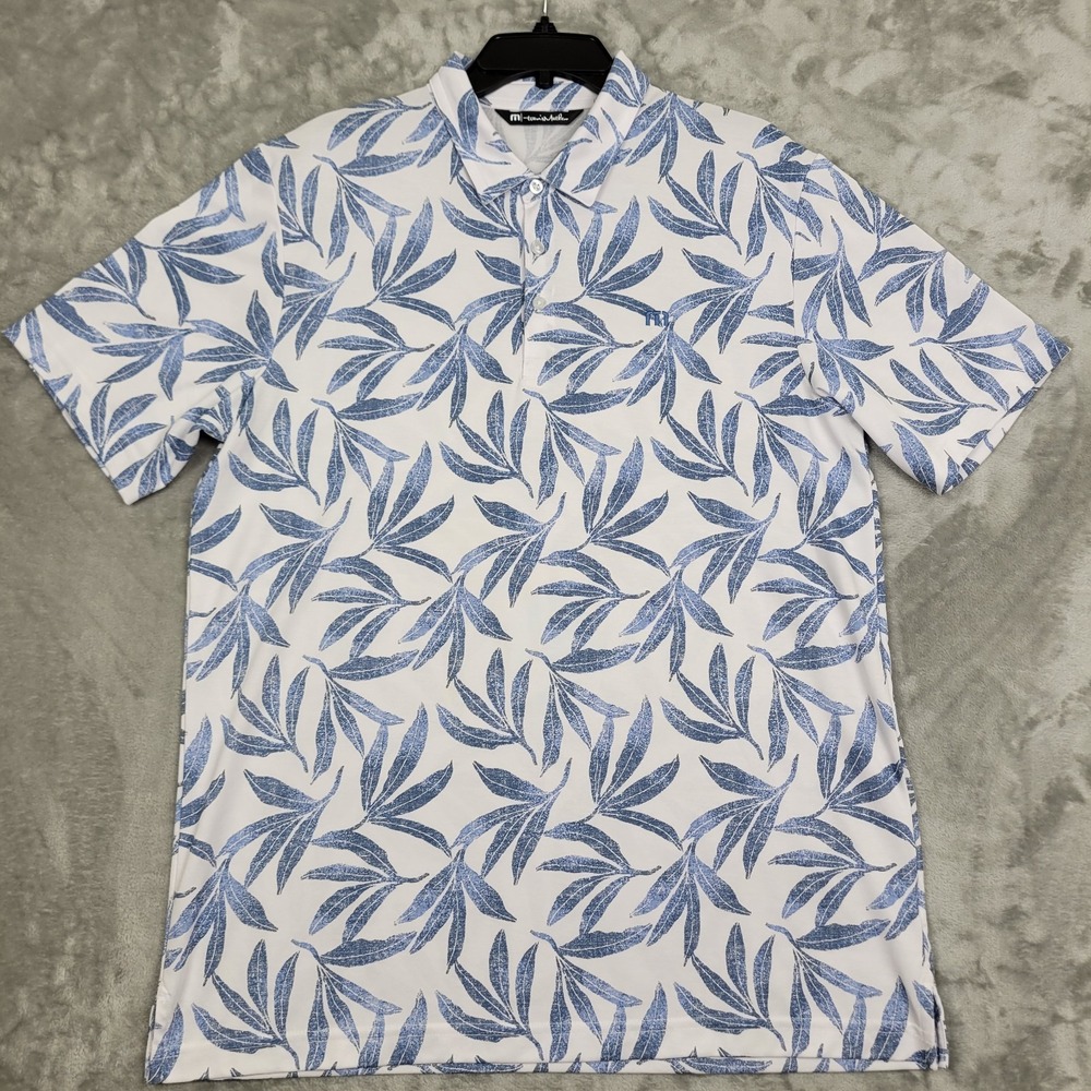 Travis Mathew Polo Shirt Mens Large White Blue Floral Golf Short Sleeve Casual